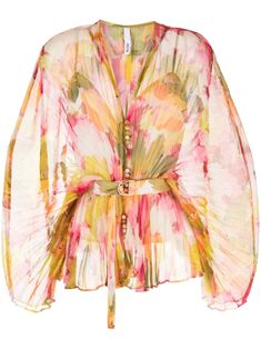 multicolour chiffon floral print semi-sheer construction fully pleated V-neck front button fastening belted waist balloon sleeves long sleeves straight hem Chanel Loafers, Interesting Fashion, Theatrical Romantic, Flamboyant Natural, Clothes Brand, Evening Jumpsuit, Pleated Tops, Chiffon Floral, City Dress