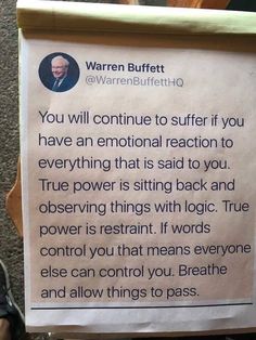 a sign posted on the side of a wall stating that you will continue to suffer if you have an emotional reaction to everything