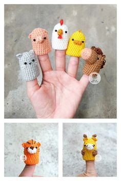 hand knit finger puppets made to look like animals, birds and giraffes