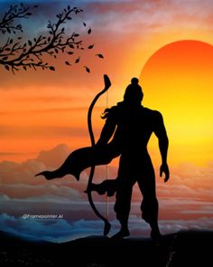 the silhouette of a man holding a bow and arrow in front of a sunset