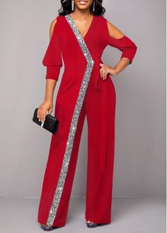 Color:Wine Red;Size:S;Size:M;Size:L;Size:XL;Size:XXL;Package Contents:1 X Jumpsuit;Occasion:Other;Style:Elegant; Bride Trousers, Red Suits For Women, Ministry Apparel, George Straight, Formal Romper, 82nd Birthday, Fashion Jumpsuits, Cold Shoulder Jumpsuit, V Neck Jumpsuit