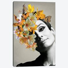 a woman with flowers and butterflies on her head