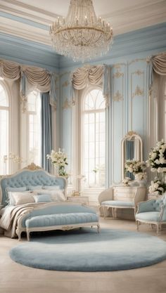 a blue and white bedroom with chandelier, bed, chairs and rugs