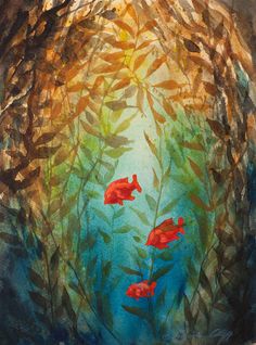 a painting of some red fish in the water