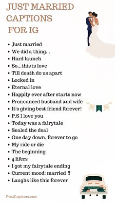 a poster with the words just married captions for ig