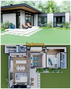 two pictures showing different rooms in the same house, one with an open floor plan