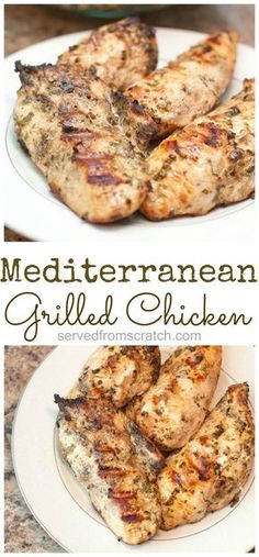 grilled chicken on a white plate with text overlay that reads mediterranean grilled chicken