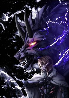 an anime character holding onto another character in front of a dark background with lightnings