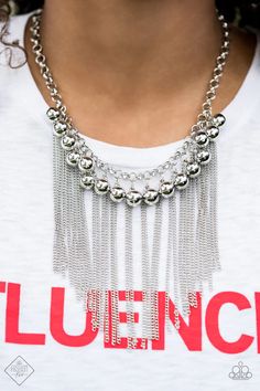 A collection of brightly polished silver beads dances along the collarbone as they swing from a chunky silver chain. Streams of silver chain cascade in between the metallic spheres, creating an edgy industrial fringe. Features an adjustable clasp closure.   Sold as one individual necklace. Includes one pair of matching earrings. Paparazzi Fashion, Magnificent Mile, Fringe Necklace, Paparazzi Accessories, Polish Silver, Blue Gems, Silver Box, Copper Chain, Beaded Fringe