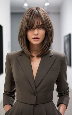 Short Layer Haircut For Women, Haircut Style For Women 2024, Layers Cut For Short Hair, Dark Brown Lob With Bangs, Selena Haircut, New Haircuts 2024, Hair Cuts Short For Women, Layered Hair For Short Hair, Medium Hair Cuts Idea