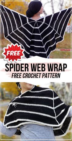 a woman wearing a black and white striped shawl with text overlay reading how to crochet spider web wrap