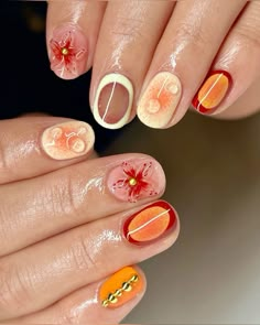 Natural Nails Gel Polish Designs, Short Fall Themed Nails, Fun Orange Nails, Cute Natural Nails, Orange Flower Nails, Nail Inspo Natural Nails, 3d Flowers Nails, Fun Nail Art Designs, Paint Nails