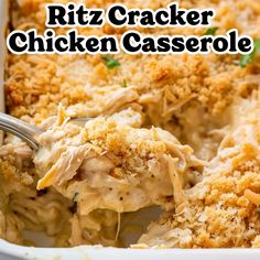 a casserole dish with chicken in it and the words ritz cracker chicken casserole