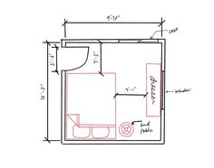 the floor plan for a small bathroom with an attached shower and toilet area, including a sink