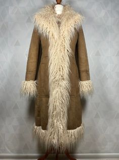 Trendy Fashion Penny lane styled 70's coat afghan faux suede & Mongolian fur trimmed coat, Women's Coats, Jackets & Vests Big Fur Coat, Fur Trimmed Coat, 70s Coat, Vintage Suede Coat, Brown Winter Coat, 70s Jacket, Mongolian Fur, 70s Clothing