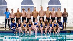 the men's swimming team is posing for a photo in front of the pool