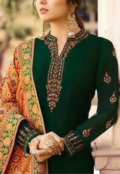 drashti dhami dark green satin georgette straight churidar bollywood suit 4002 Churidar Designs Latest, Heavy Duppata, Indian Churidar, Fashion Sketch Template, Kurti Dupatta, Drashti Dhami, Churidar Designs, Indian Designer Suits, Kameez Designs