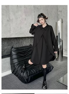 Moongor Street Style Fake Two Piece Button Long Sleeve Midi Dress Black Long Sleeve Shirt Dress For Winter, Black Shirt Dress For Winter Workwear, Black Long Sleeve Shirt Dress For Fall, Black Shirt Dress For Winter, Black Collared Shirt Dress For Winter, Casual Black Dress With Stand Collar, Black Long Sleeve Winter Shirt Dress, Black V-neck Shirt Dress For Fall, Black V-neck Shirt Dress For Office