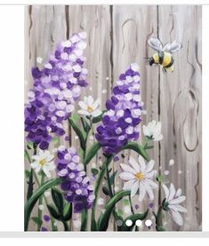 a painting of purple and white flowers with a bee on the fence in the background