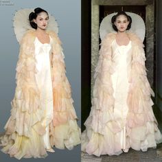 two pictures of the same woman in wedding dresses, one is wearing an angel costume