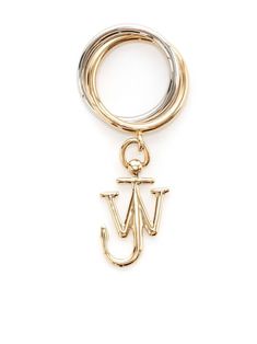 Anchor-charm double-loop ring from JW Anderson featuring gold-tone, silver-tone, brass, gold plated, platinum-plated hardware, logo charm, polished finish and layered design. | J.W.Anderson Anchor-charm double-loop ring Modern Metal Jewelry With Logo Charm, Modern White Gold Jewelry With Logo Charm, Modern Gold Jewelry With Logo Charm, Hardware Logo, Anchor Charm, Composition Design, Layered Design, J W Anderson, Jw Anderson