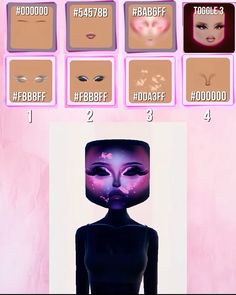 the face and body of an alien woman with different facial expressions on her face, including eyes