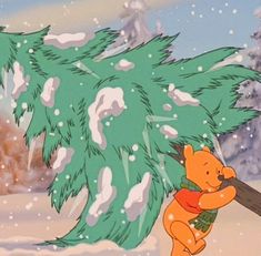 winnie the pooh carrying a large christmas tree on it's back in snow