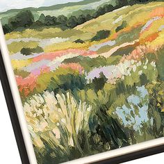 an oil painting of grass and flowers on a white background with black framed art print