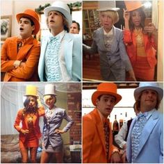 four different pictures of people dressed up in costumes and hats, one is wearing an orange suit