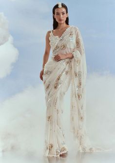 Nachiket Barve-Ivory Nova Sari And Blouse-INDIASPOPUP.COM Applique Blouse, Pakistani Women Dresses, Organza Blouse, Indian Dresses Traditional, Blouse For Women, Organza Saree, Desi Fashion, Draped Dress, Saree With Blouse