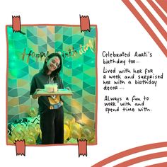 a woman holding a cake with candles on it in front of a happy birthday card