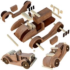 wooden toy cars are shown on a white background