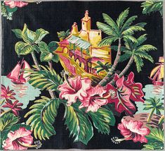 a black background with pink flowers and green leaves on the bottom right corner is an image of a yellow building in the middle