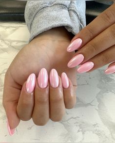 Light Pink Nail Inspiration, Pink Nail Inspo Acrylic Almond, Cute Nails With Chrome, Nails For Hoco Pink Dress, Light Pink Peach Nails, Hot Pink French Nails Almond, Light Pink Nails For Prom, Baby Pink Almond Nails With Design, Cute Nails No Design