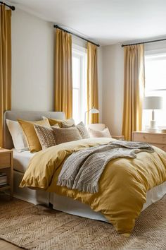 a bedroom with yellow drapes and pillows