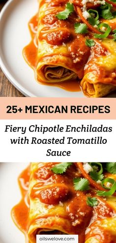 mexican enchiladas with roasted tomato sauce on a white plate and the title reads 25 mexican recipes