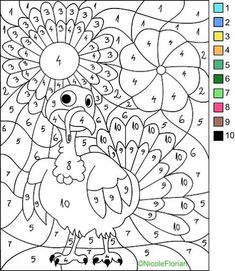 a coloring page with a turkey and numbers on the page, it is color by number