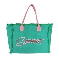 Sewn Rope 'Summer' Letter Fringed Canvas Tote Bag- Full Zipper Closure- Lined Body with Open Pocket- Approximately 17.5" W X 14"T X 5" D- 100% Polyester Fringe Tote Bag, Tech Jewelry, Classic White Shirt, Summer Tote, Get Ready For Summer, Loafer Slippers, Pink Cotton Candy, Beach Essentials, Summer Chic