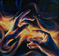 a painting of two hands reaching towards each other in the night sky with stars above