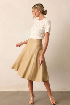 In My Memories Beige Faux Leather Midi Skirt Aline Skirt Outfit, Faux Leather Midi Skirt, Beige Skirt, Leather Midi Skirt, Aline Skirt, Fall Clothing, Love Clothing, Faux Leather Fabric, My Memories