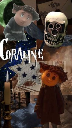 a collage of cartoon characters with the words coralin on them and an image of a skeleton