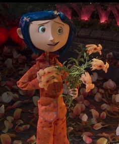 a cartoon character holding flowers in her hands