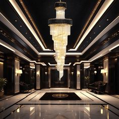 a large chandelier hanging from the ceiling in a lobby