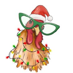 a drawing of a chicken wearing glasses and a santa hat on top of a christmas tree