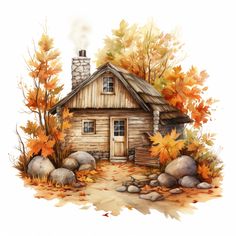 Fall House Drawing, Watercolor House Painting, Autumn Illustration, House Illustration, Cottage Art, Fall Watercolor, House Drawing, Artwork For Home, Autumn Painting