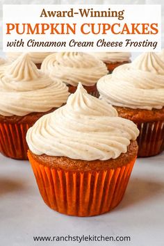 Pumpkin cupcakes topped with cinnamon cream cheese frosting in an orange cupcake liner. Pumpkin Cupcakes With Cinnamon Cream, Pumpkin Cupcake Recipes, Pumpkin Pie Cupcakes, Cheese Frosting Recipe, Cinnamon Cream Cheese, Pie Cupcakes, Fall Baking Recipes, Cream Cheese Frosting Recipe, Pumpkin Cream Cheeses