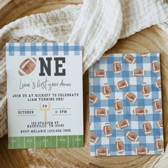 a football themed birthday party with blue gingham and plaid paper on the table