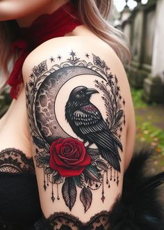 a woman's back with a tattoo on it and a bird sitting on the moon