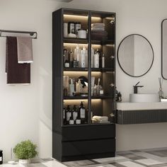 a bathroom with a sink, mirror and cabinet in it's centerpieces