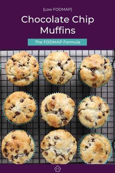 chocolate chip muffins on a cooling rack with the title low fodmap